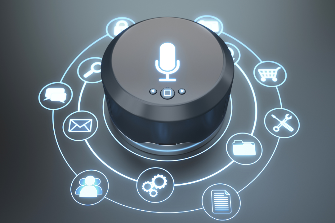 A smart speaker displaying active LED lights as it processes a voice command, symbolizing hands-free voice search technology.